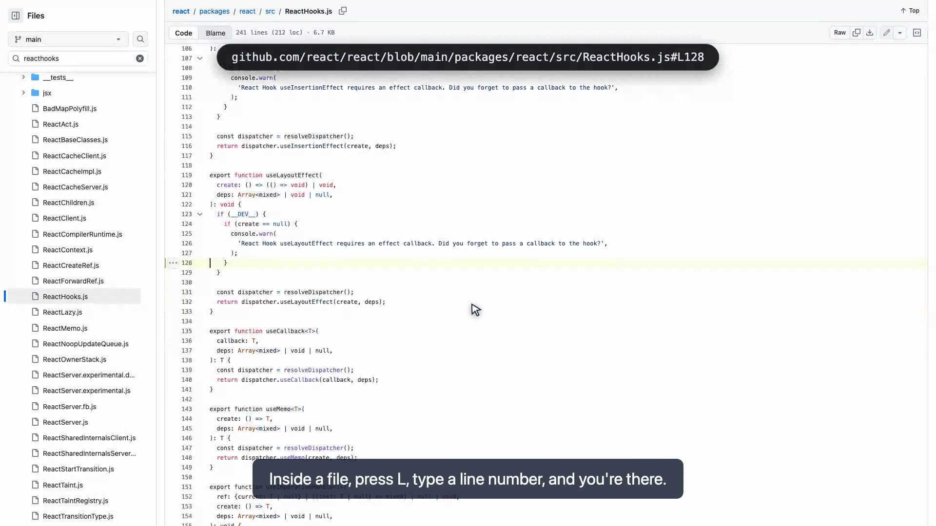 GitHub code view with a keystroke HUD showing the pressed shortcut and the resulting URL