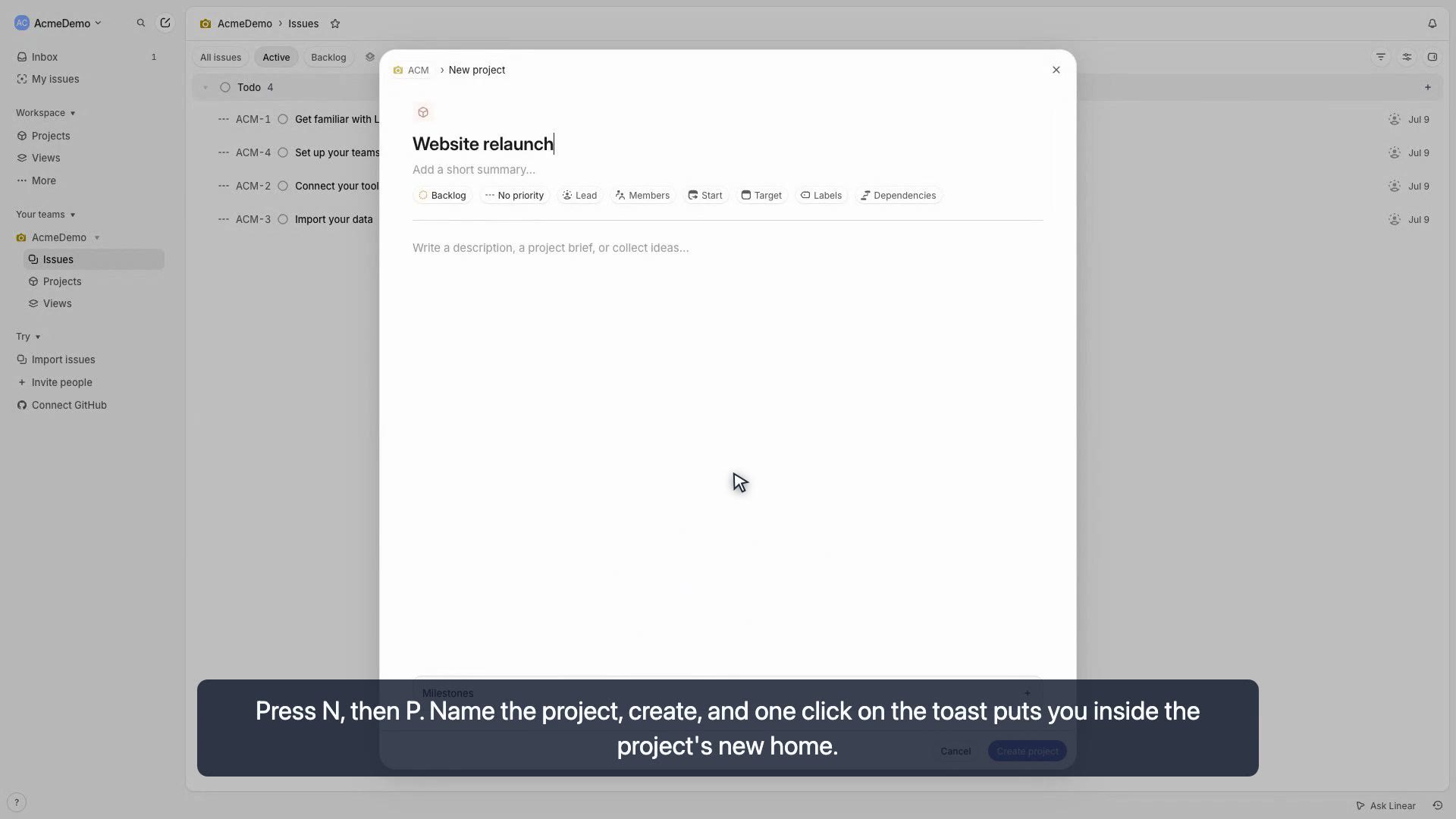 Linear new-project dialog with the project name typed in and keyboard shortcuts rendered on screen