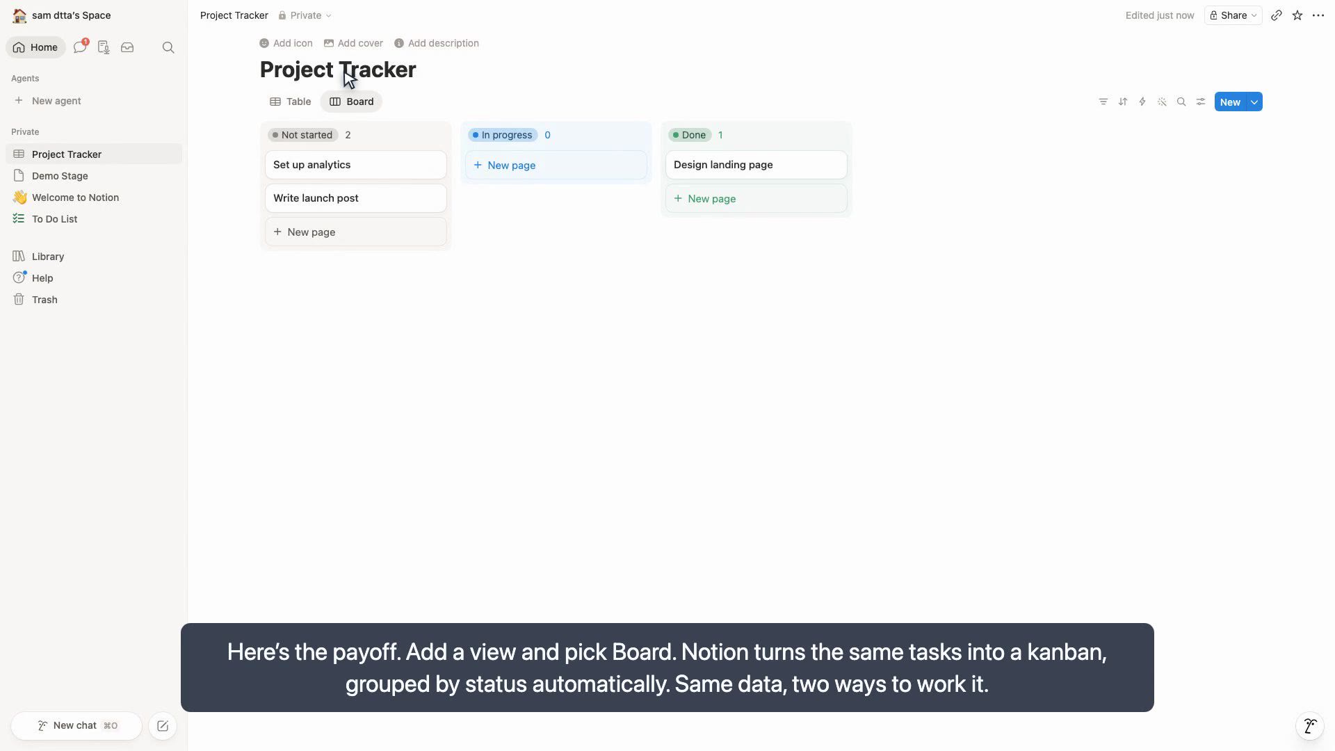 Notion project tracker built on camera: tasks grouped by status in a kanban board